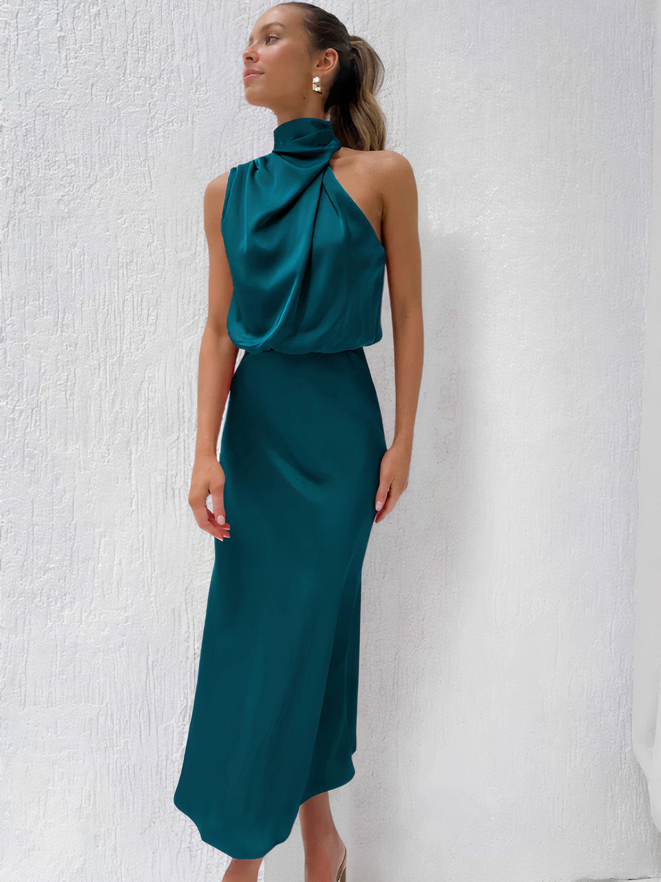 Halter Neck Draped Sleeveless Satin Midi Cocktail Dress - View 11