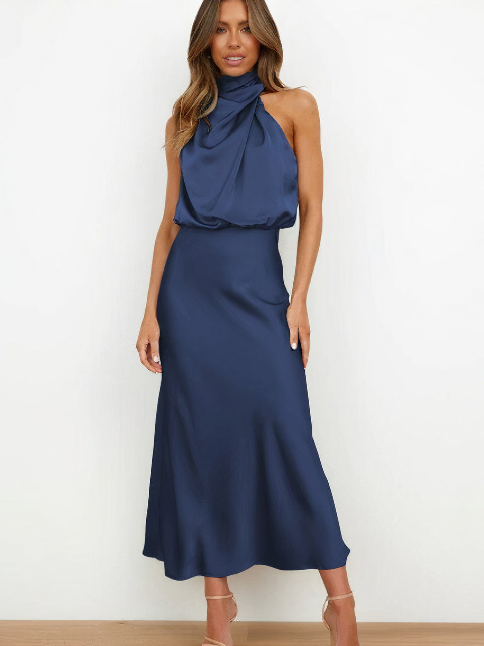 Halter Neck Draped Sleeveless Satin Midi Cocktail Dress - View 5