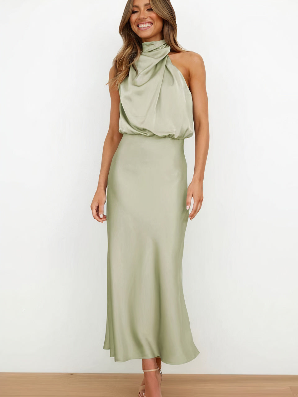 Halter Neck Draped Sleeveless Satin Midi Cocktail Dress - View 7