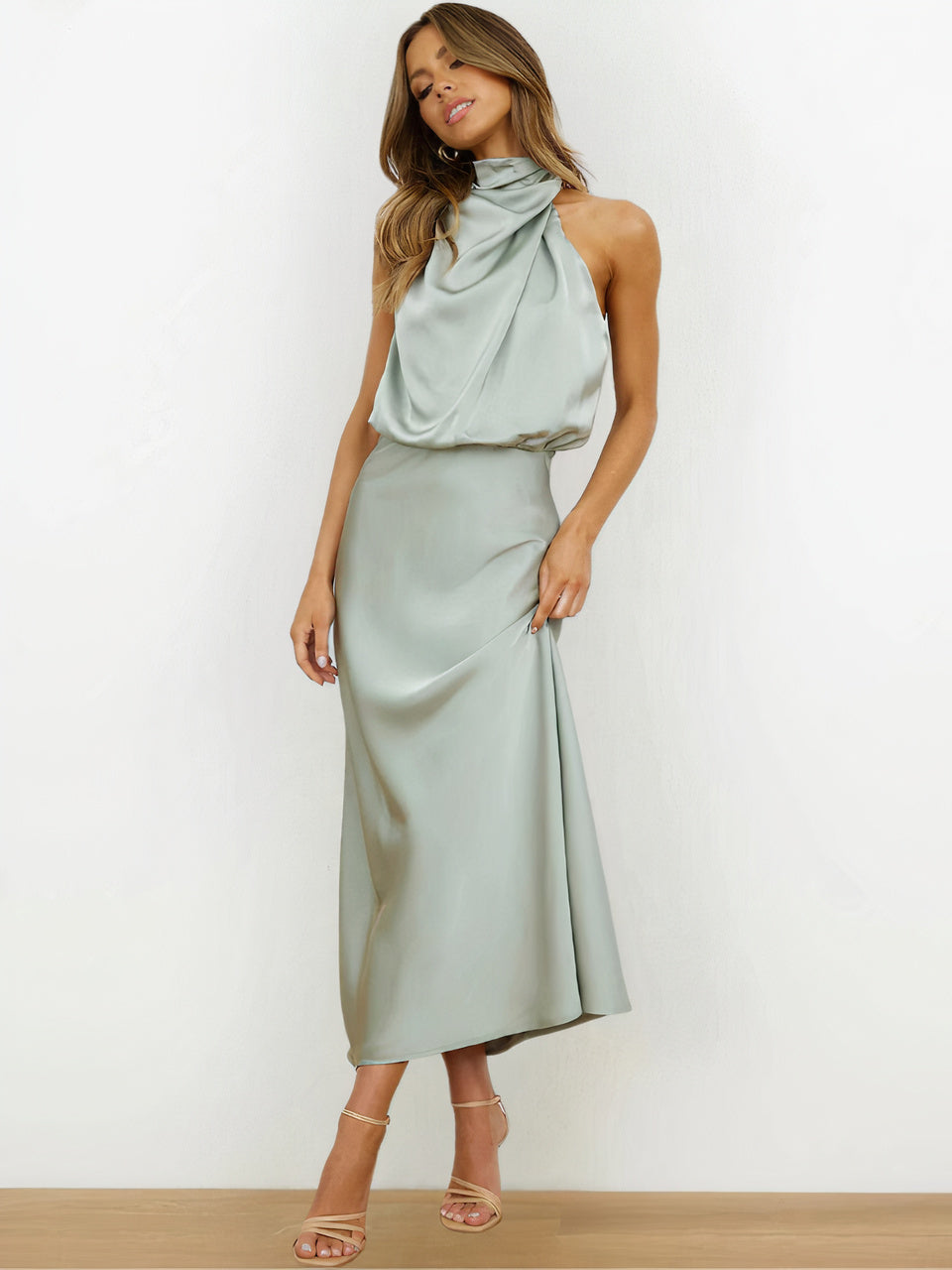 Halter Neck Draped Sleeveless Satin Midi Cocktail Dress - View 9