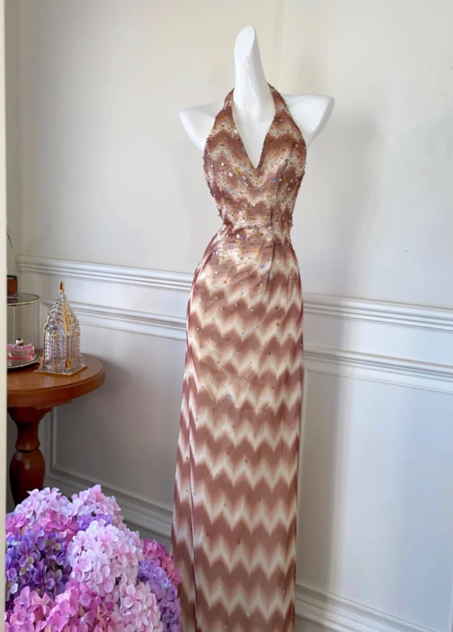 Chic Halter V Neck Chiffon Print Floral Sequin Beaded Mermaid Party Dress Birthday Prom Gown D1267