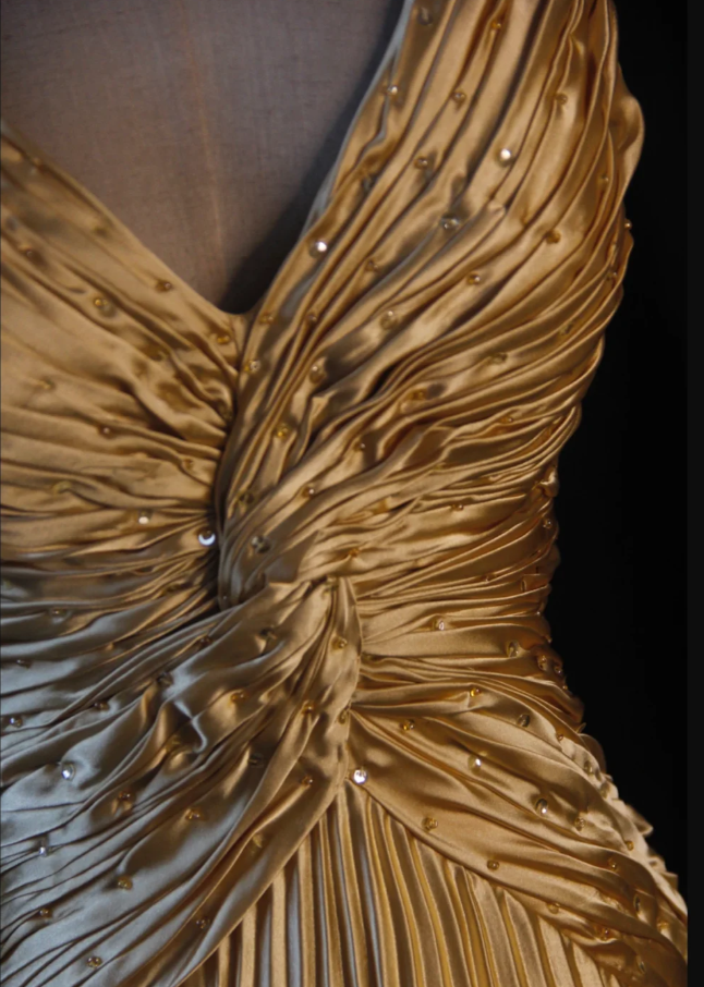 Stylish Spaghetti Straps Gold V Neck Satin Pleated Beaded Long Party Dress Formal Wedding Guest Dress D1161