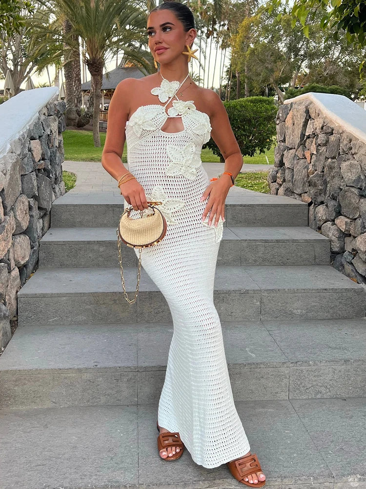 Knit Halter Blue 3D Flowers Vacation Dress