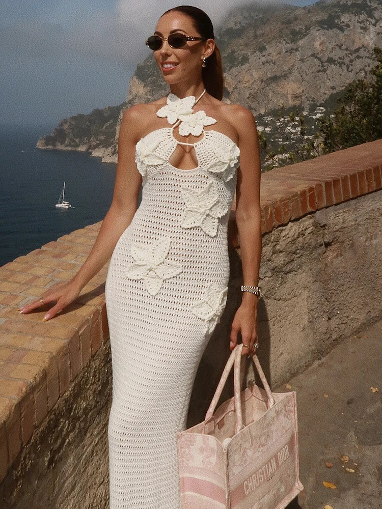 Knit Halter Blue 3D Flowers Vacation Dress