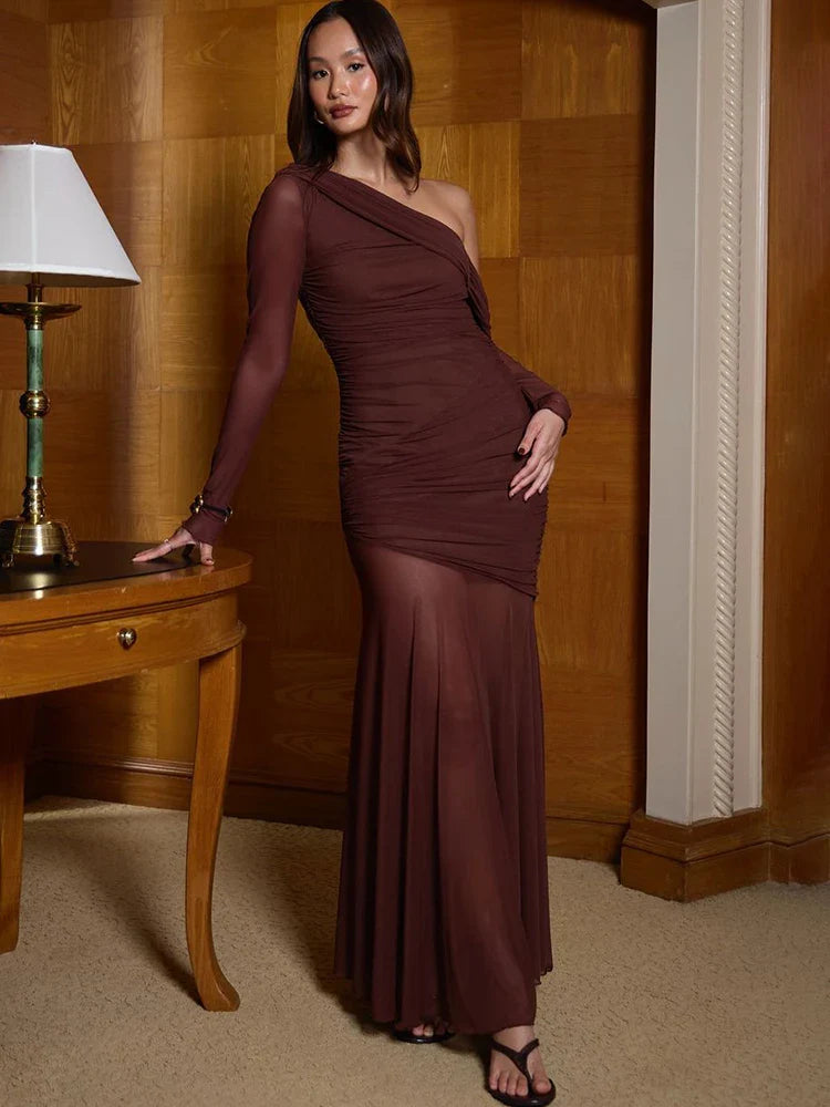 One Shoulder Mesh Maxi Vacation Dress