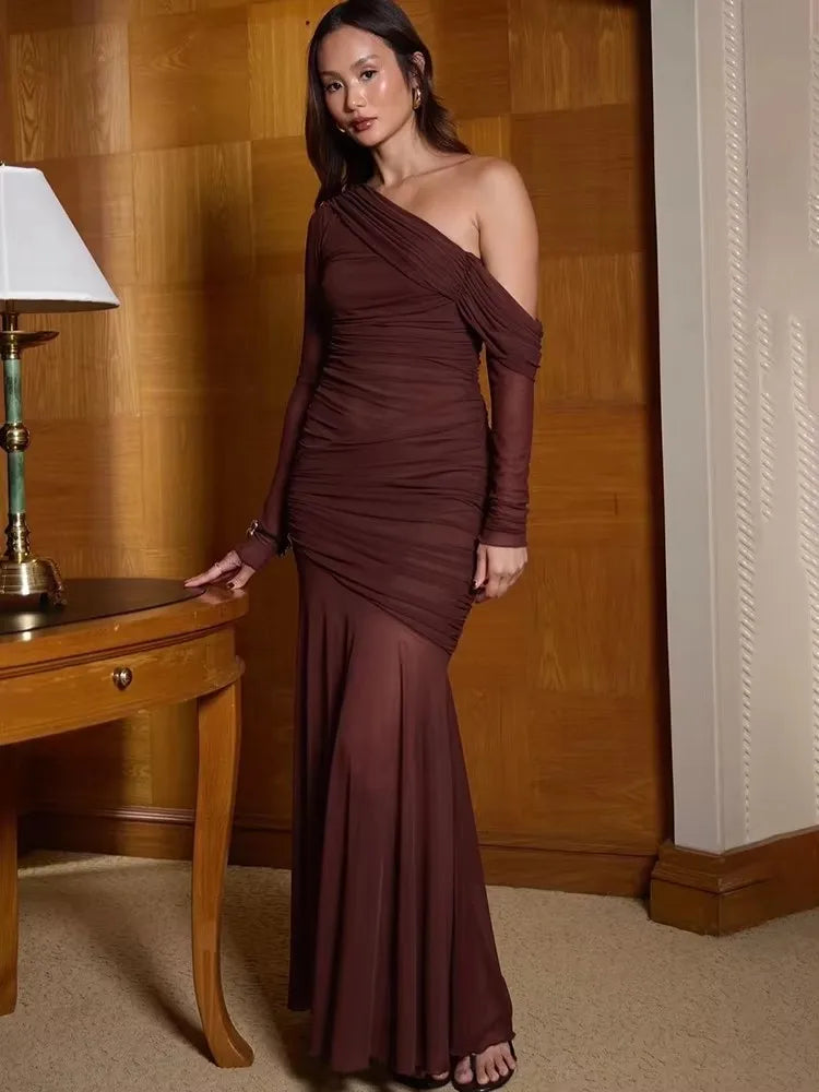 One Shoulder Mesh Maxi Vacation Dress