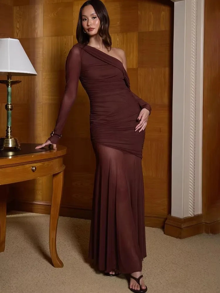 One Shoulder Mesh Maxi Vacation Dress