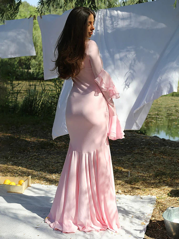 Pink Square Collar Maxi Vacation Dress