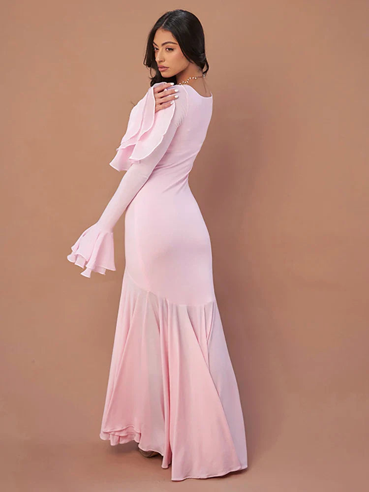 Pink Square Collar Maxi Vacation Dress