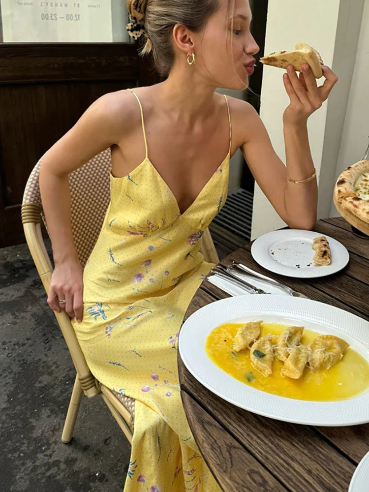 V-neck Print Floral Yellow Vacation Dress