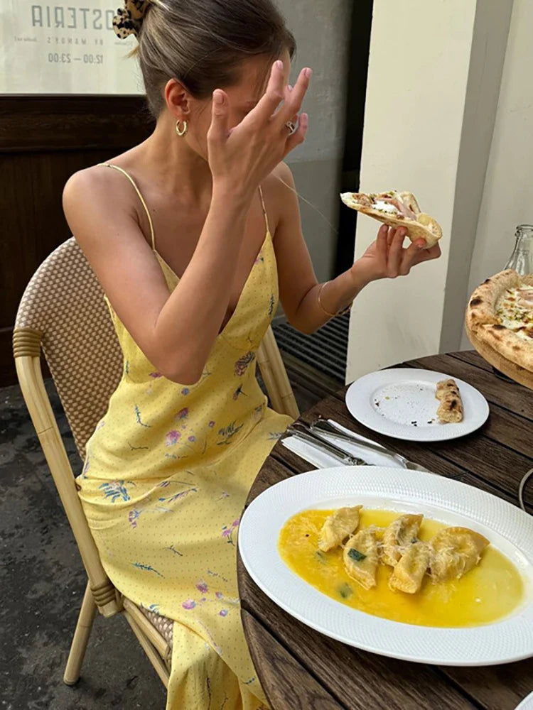 V-neck Print Floral Yellow Vacation Dress