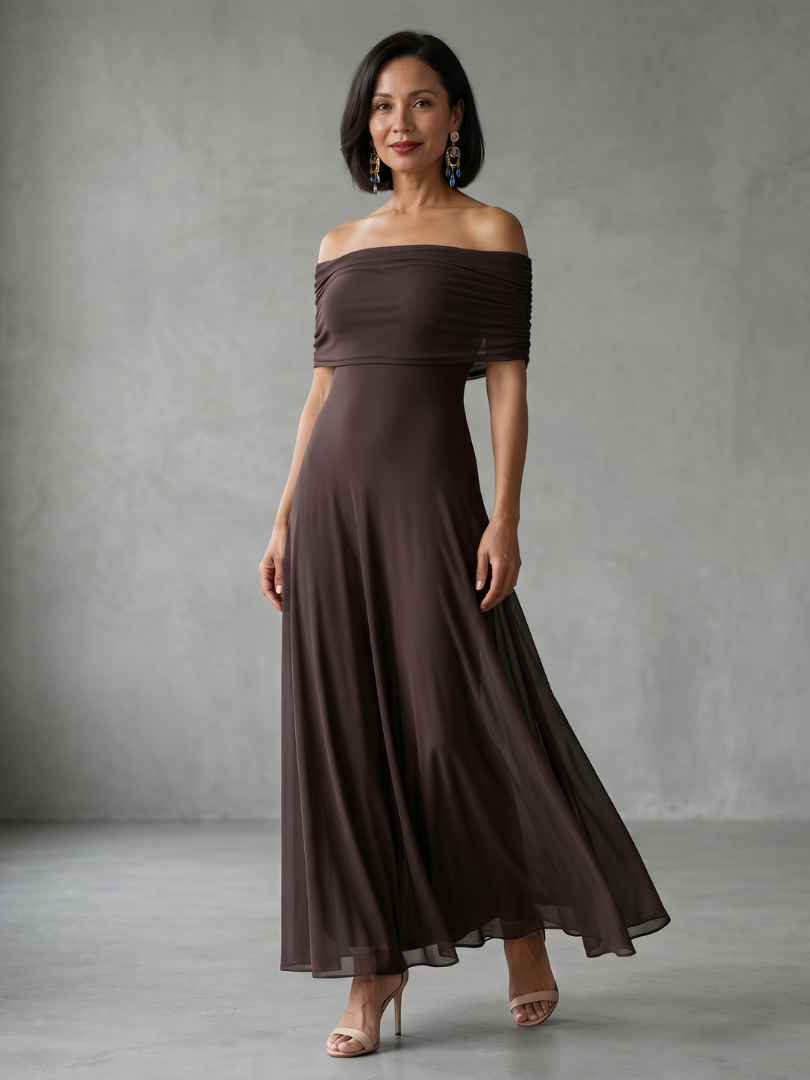 Off Shoulder Ruched Foldover A-Line Maxi Dress
