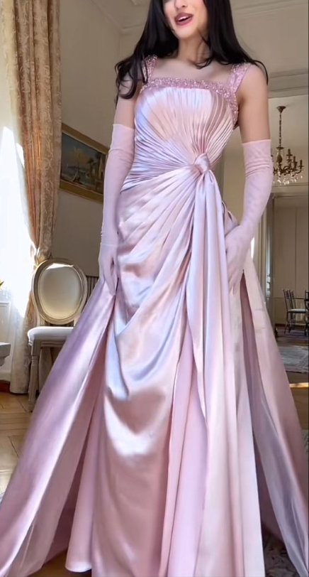 Classy Pink Satin Pleated Beaded Mermaid Party Dress Long Evening Gown With Gloves D1474