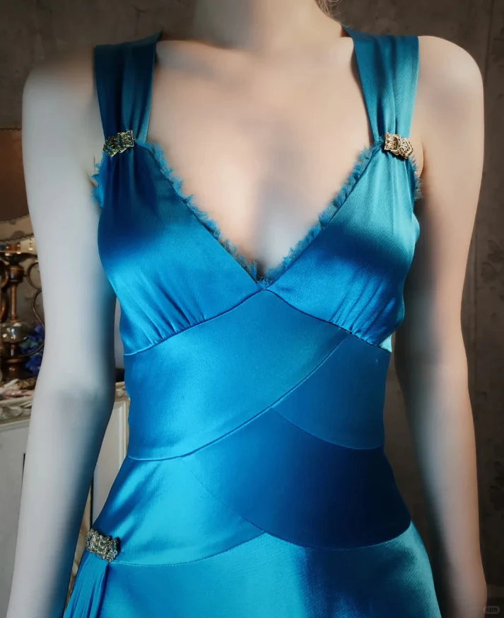 Vintage Blue V NecK Satin Mermaid Evening Dress Long Birthday Prom Gown D1475