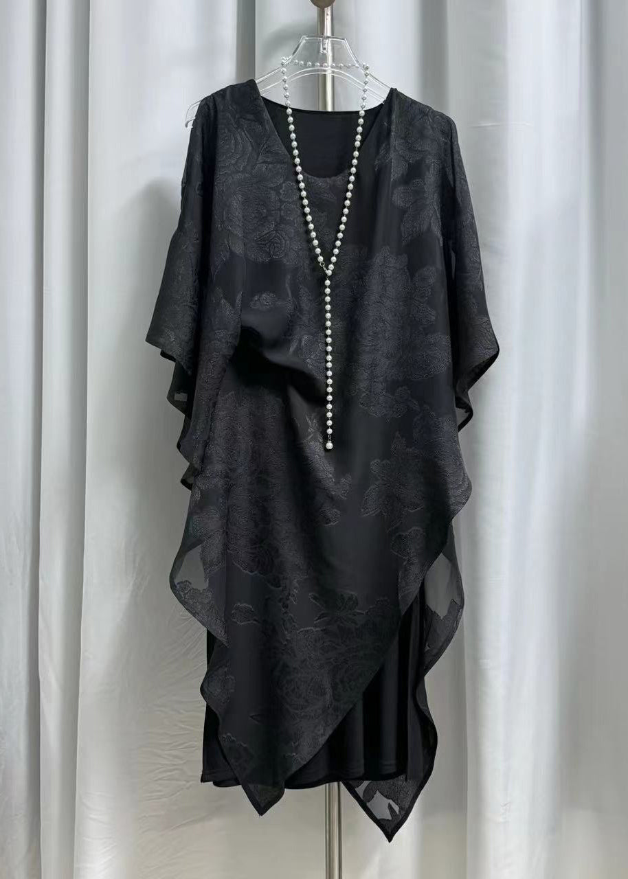 Floral Jacquard Sheer Cape Overlay Handkerchief Hem Midi Dress
