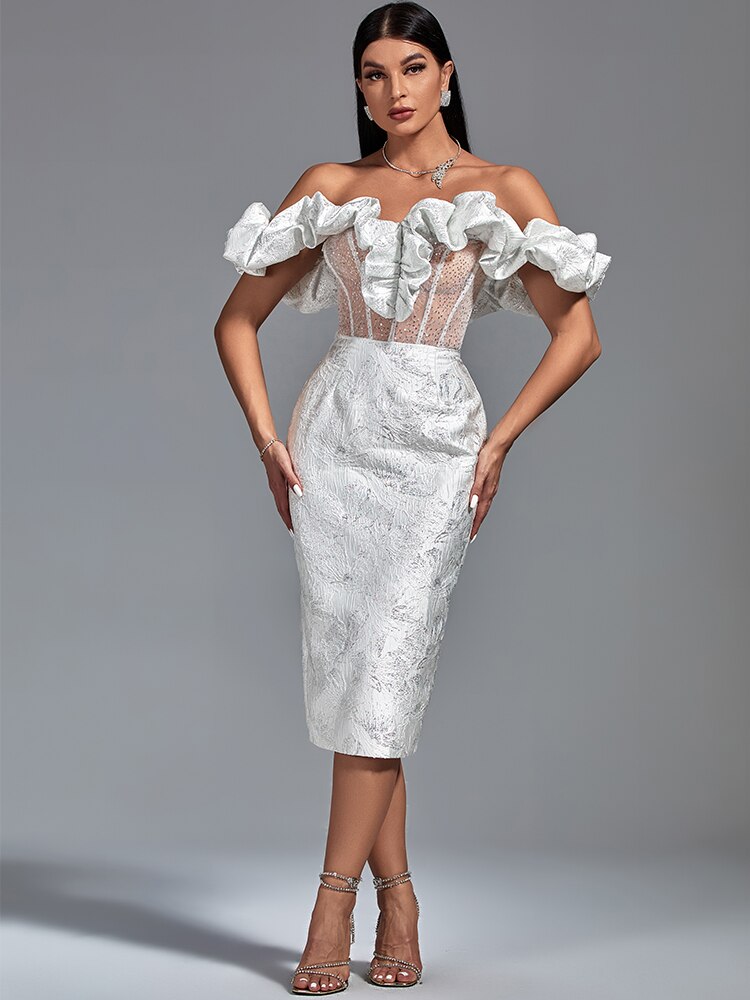 Ruffle Off Shoulder Corset Sheer Mesh Midi Dress 4