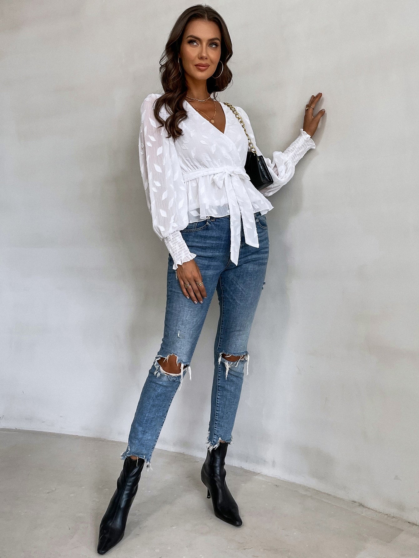 Jacquard Lantern Sleeve Shirred Cuff Belted Blouse - Fashionpara