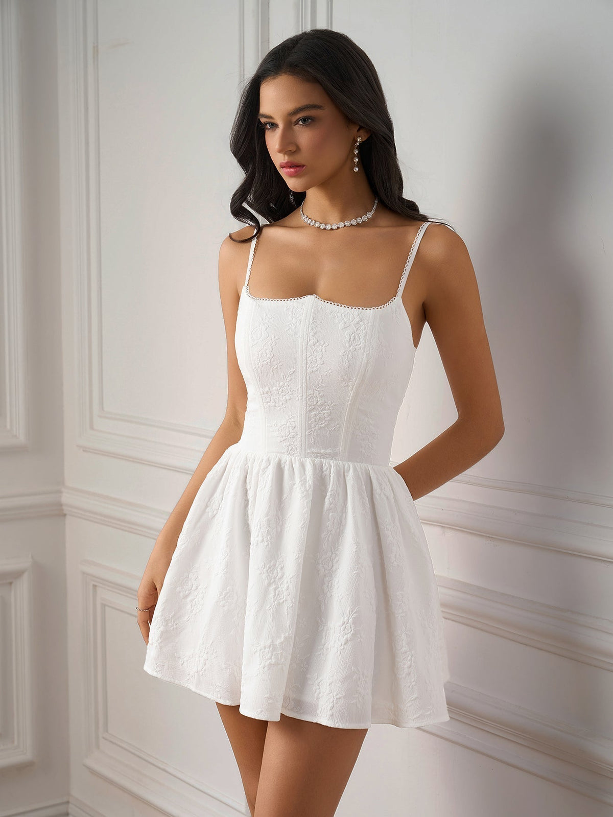 Jacquard Square Neck Lace Trim Spaghetti Strap Corset Mini Dress - View 3