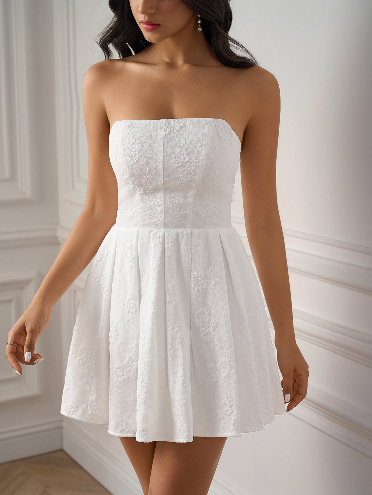 Jacquard Strapless Bustier Pleated Flared A-Line Mini Dress - View 6