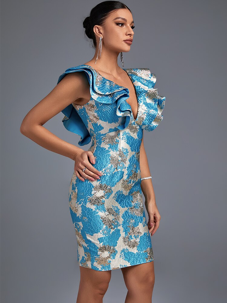 Jacquard Floral V-Neck Ruffle Bodycon Midi Dress 2