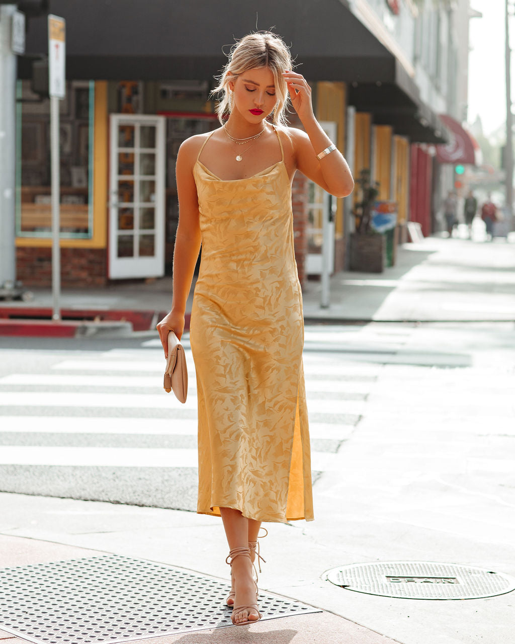 Jacquard Cowl Neck Sleeveless Slip Midi Dress