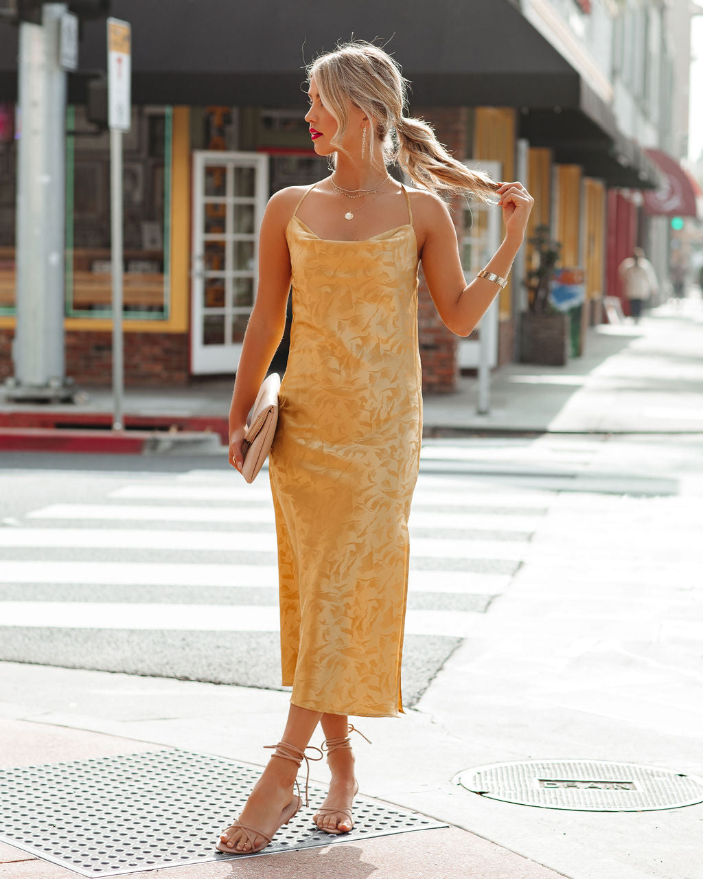 Jacquard Cowl Neck Sleeveless Slip Midi Dress