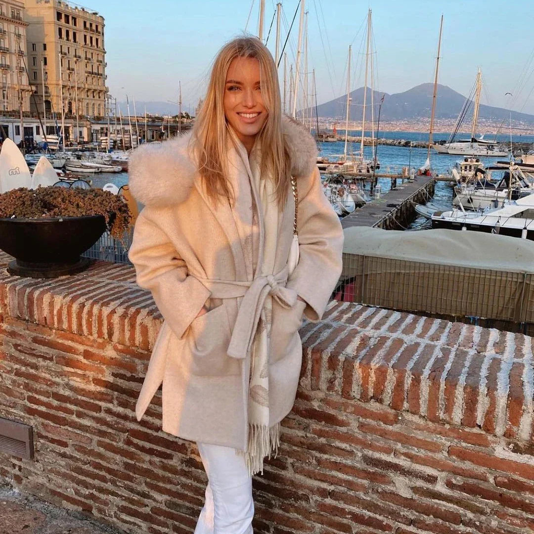 Wool Fox Fur Hooded Winter Overcoat