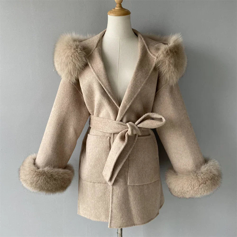 Wool Fox Fur Hooded Winter Overcoat