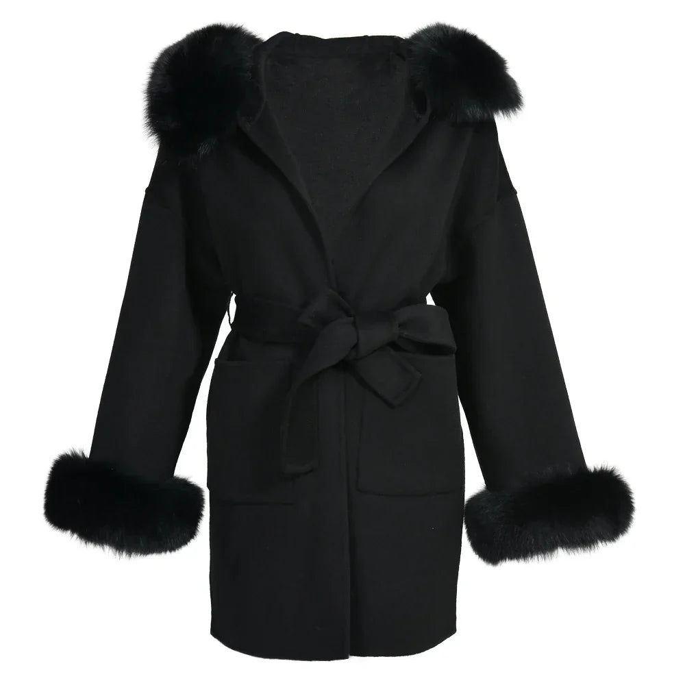 Wool Fox Fur Hooded Winter Overcoat