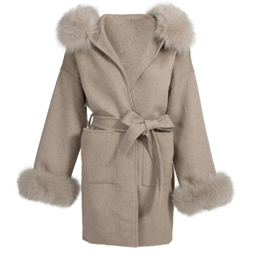 Wool Fox Fur Hooded Winter Overcoat