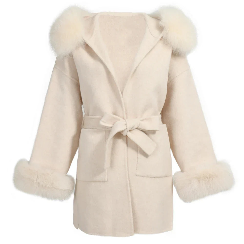 Wool Fox Fur Hooded Winter Overcoat