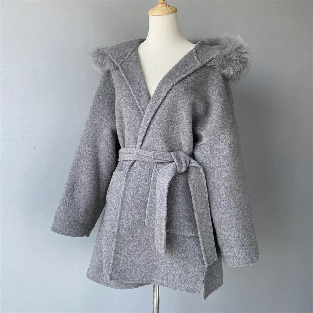 Wool Fox Fur Hooded Winter Overcoat