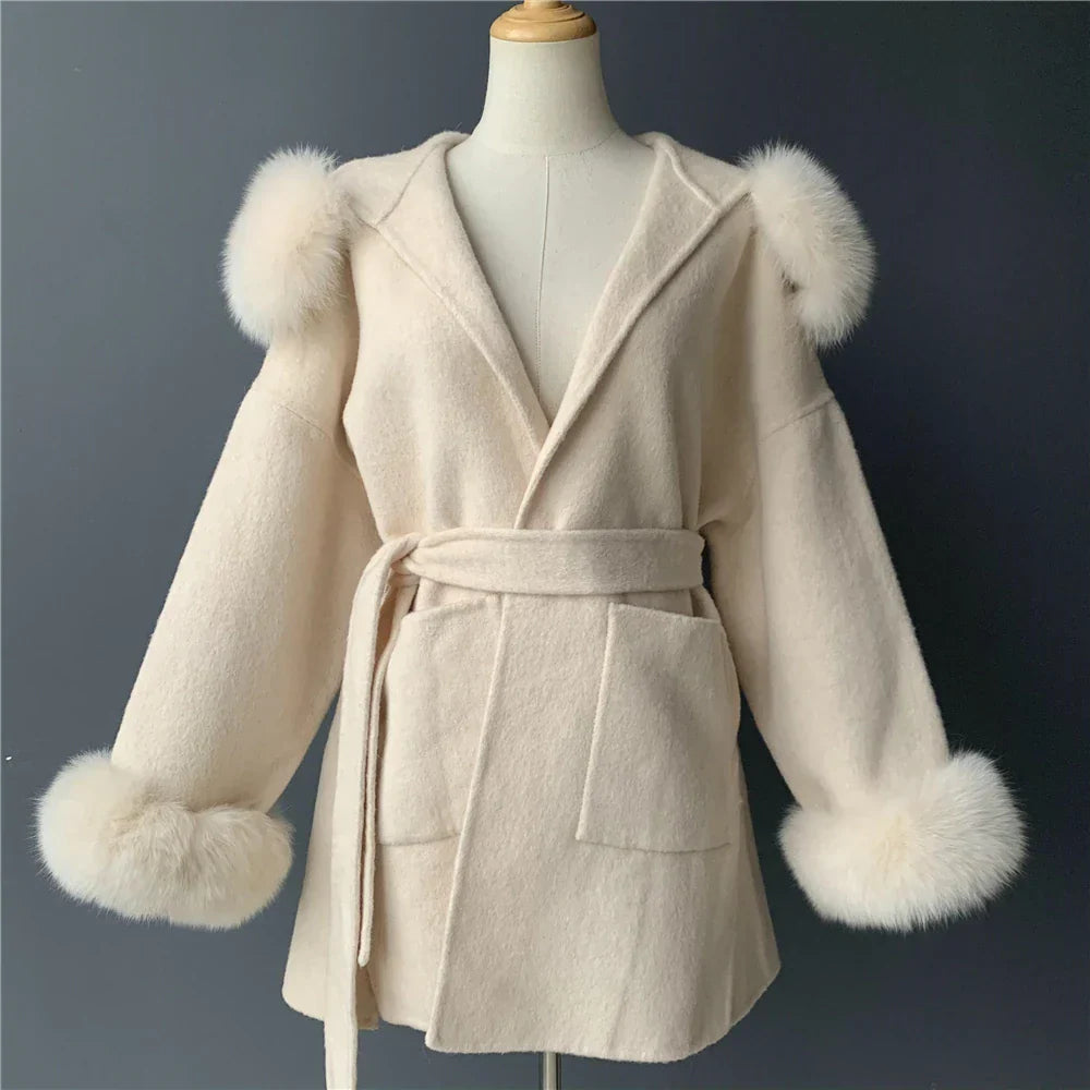 Wool Fox Fur Hooded Winter Overcoat