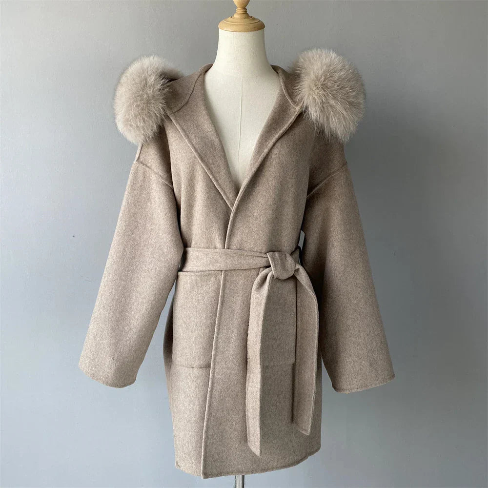 Wool Fox Fur Hooded Winter Overcoat