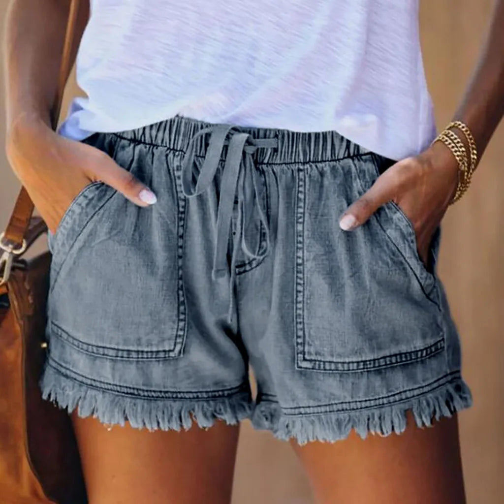Drawstring Tassel Hem Denim Short Dark Blue / S short-250223