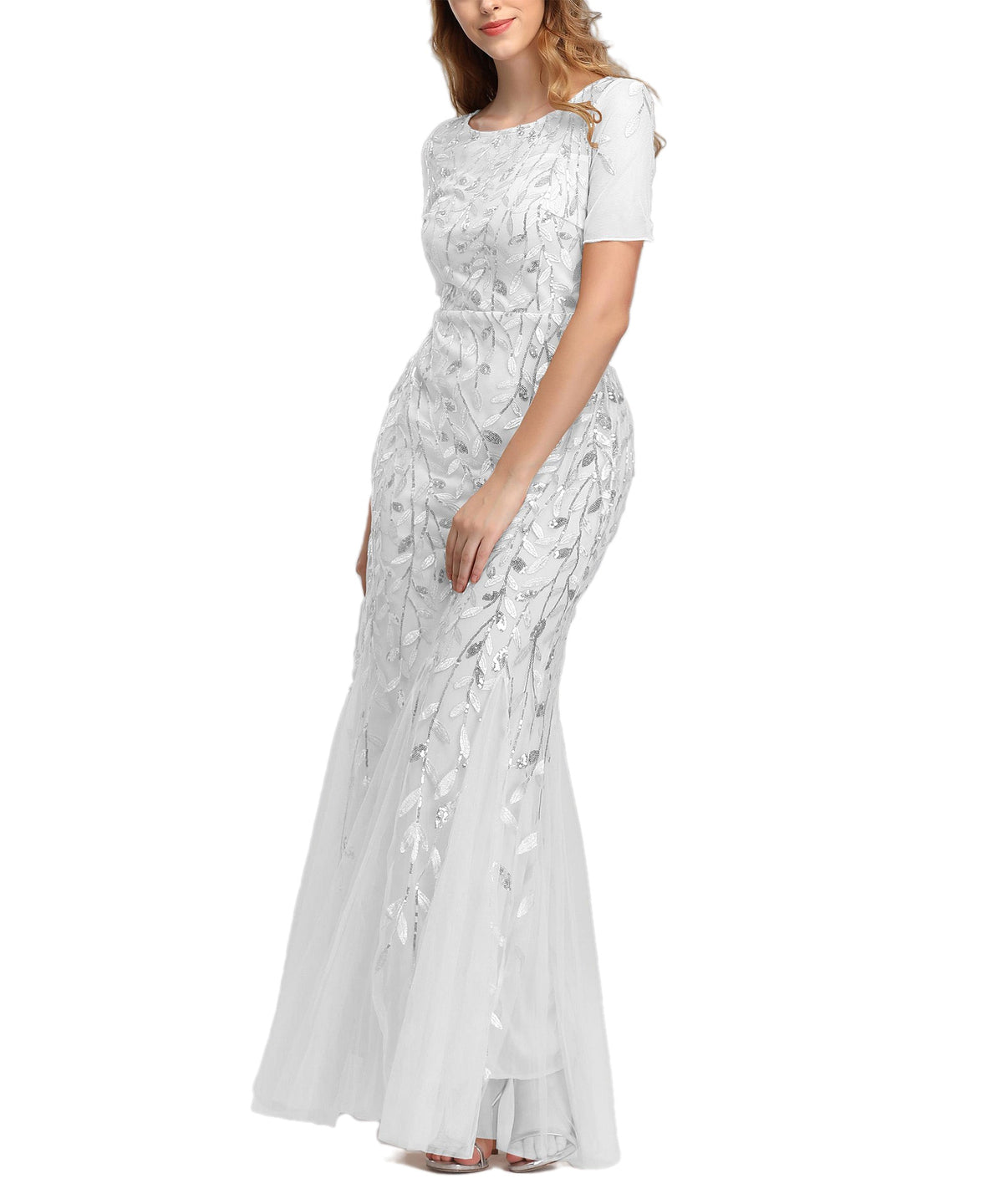 Jewel Neck Short Sleeve Floor Length Tulle Dress - View 15