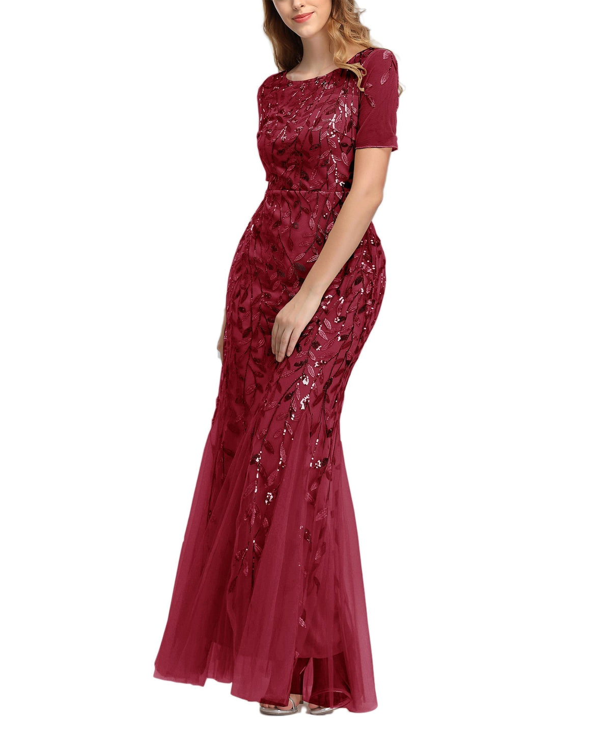 Jewel Neck Short Sleeve Floor Length Tulle Dress - View 19