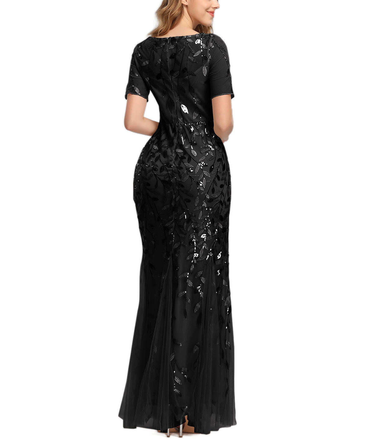 Jewel Neck Short Sleeve Floor Length Tulle Dress - View 11