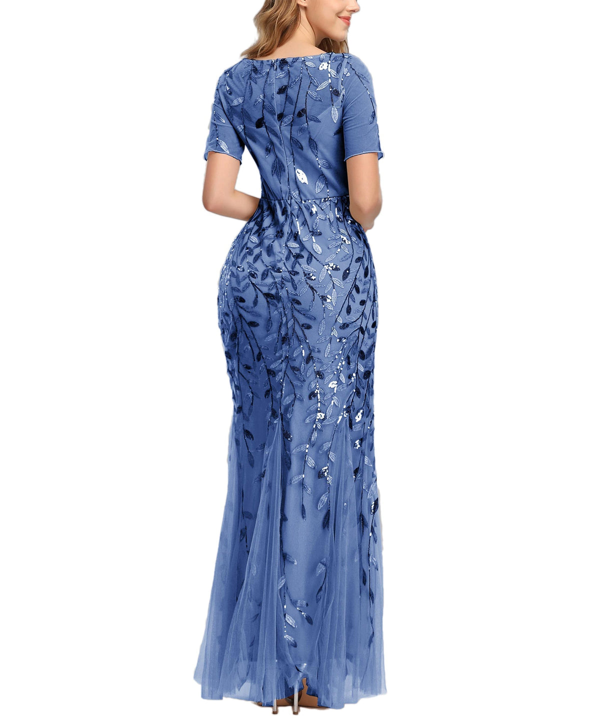 Jewel Neck Short Sleeve Floor Length Tulle Dress - View 18