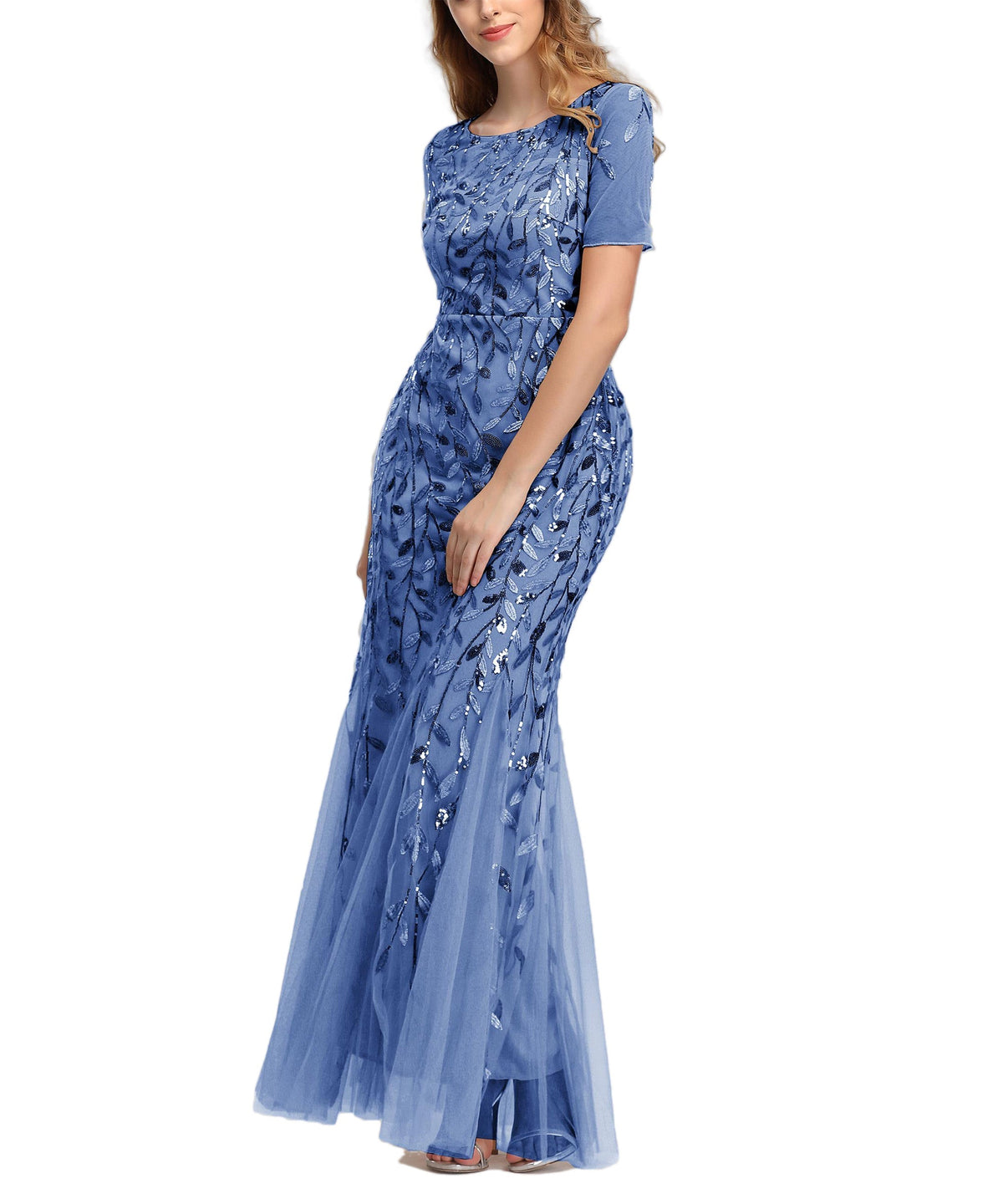 Jewel Neck Short Sleeve Floor Length Tulle Dress - View 17
