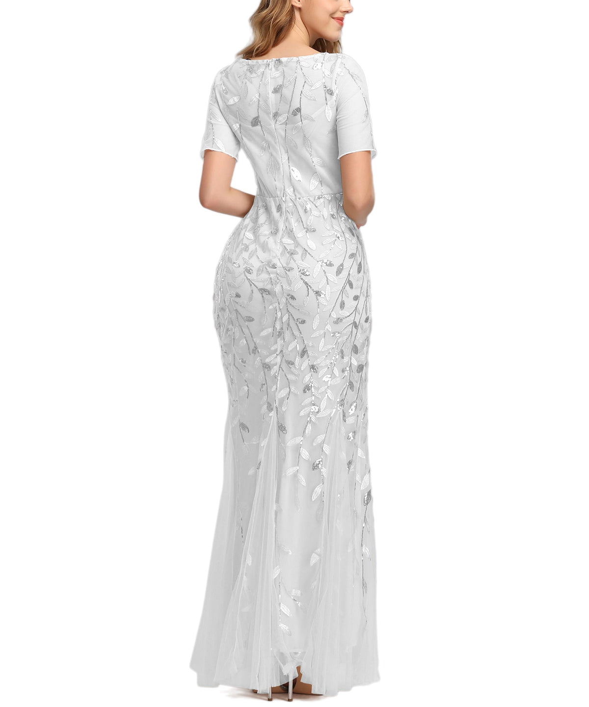 Jewel Neck Short Sleeve Floor Length Tulle Dress - View 16