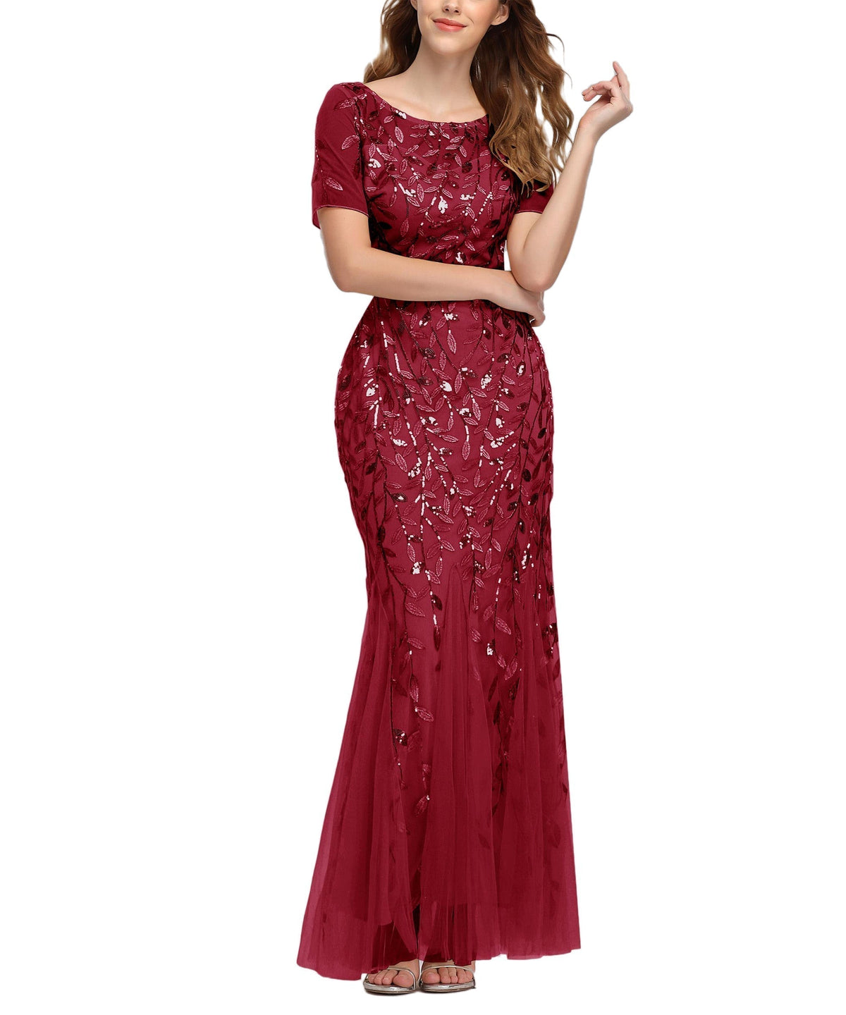 Jewel Neck Short Sleeve Floor Length Tulle Dress - View 5