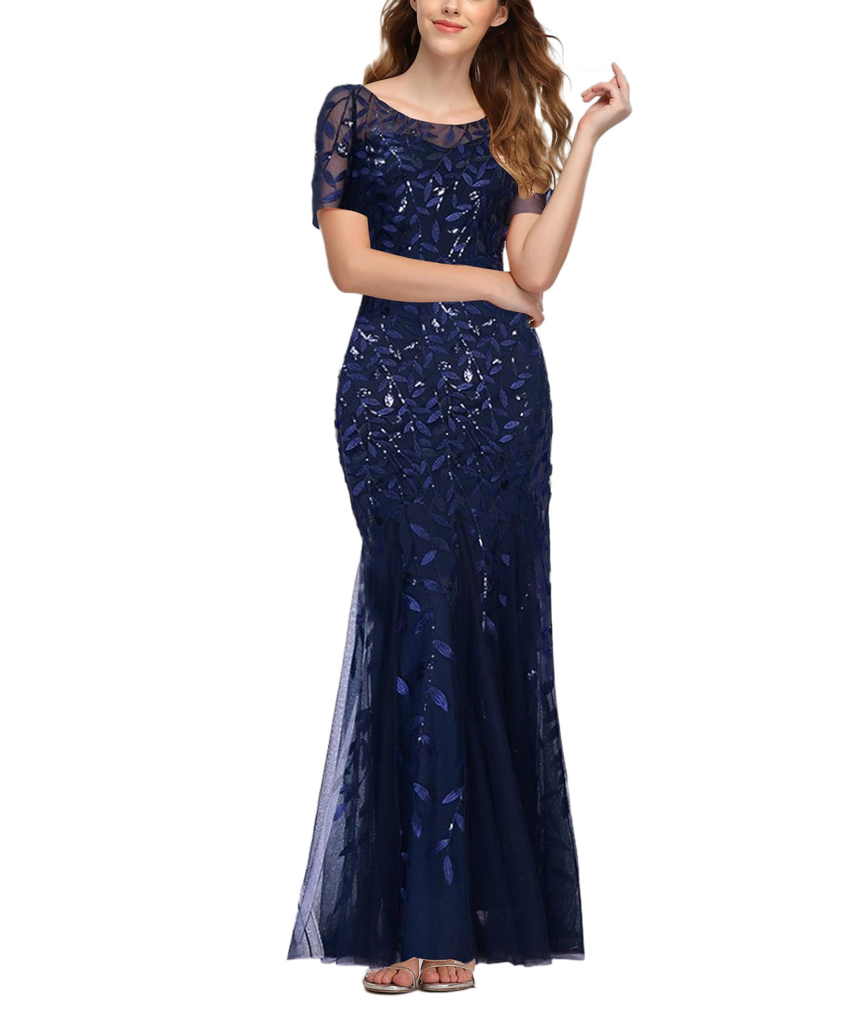 Jewel Neck Short Sleeve Floor Length Tulle Dress - View 7