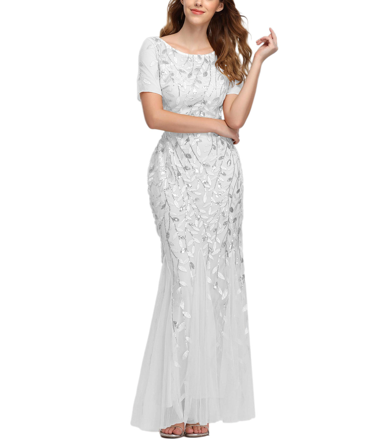 Jewel Neck Short Sleeve Floor Length Tulle Dress - View 8