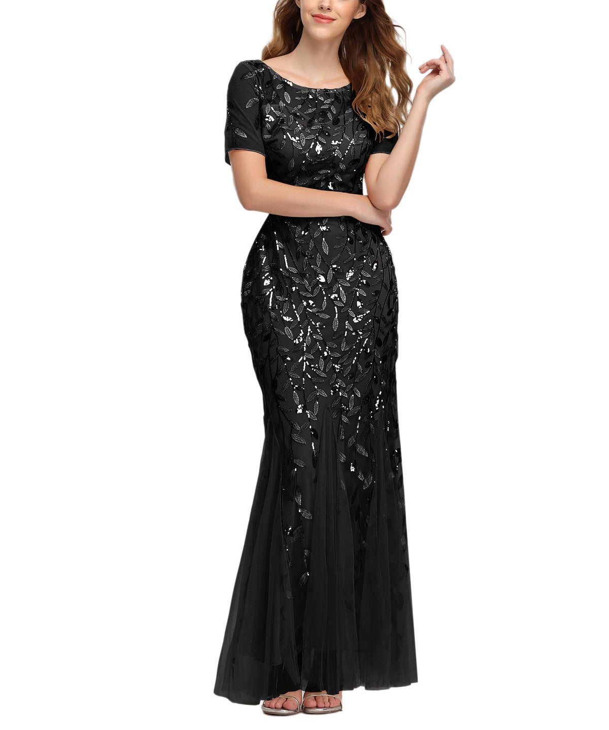 Jewel Neck Short Sleeve Floor Length Tulle Dress - View 2