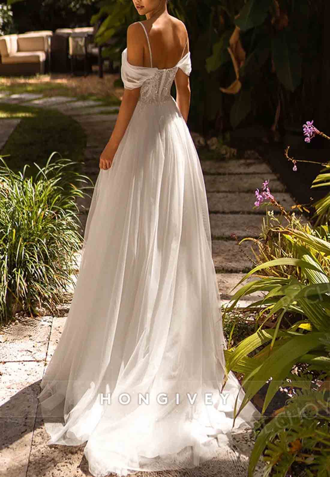 A-Line Pleated Spaghetti Straps Beading Sweep Train Empire Wedding Dresses