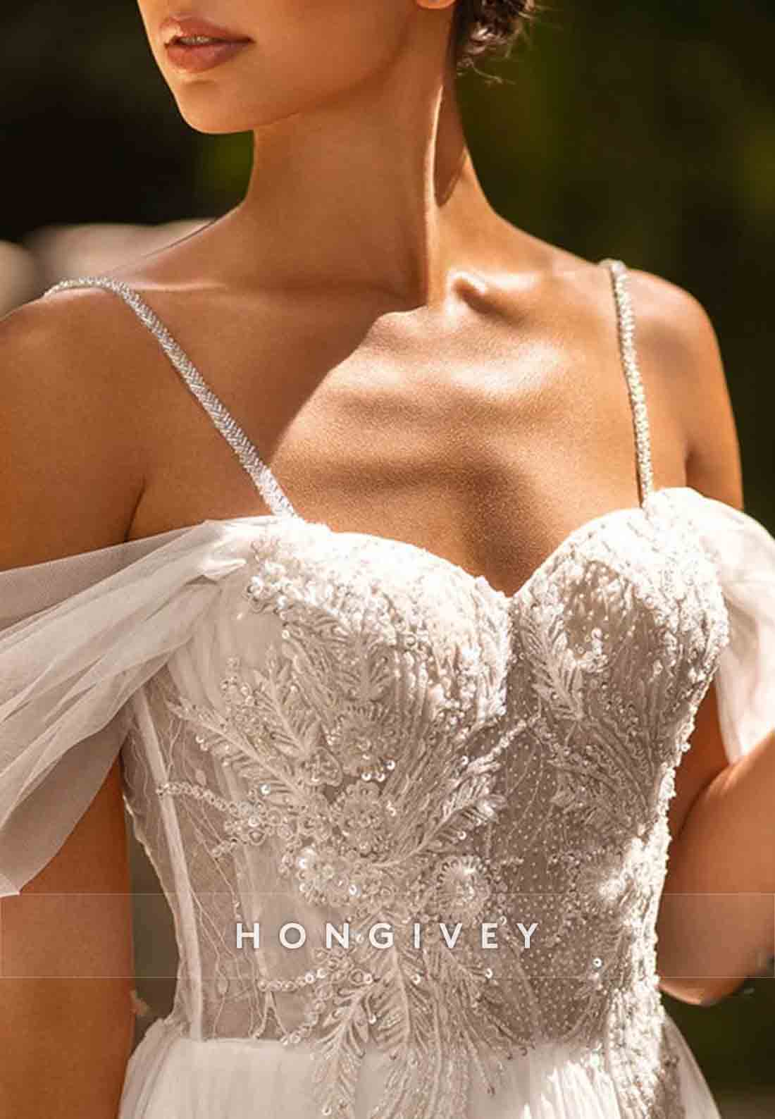 A-Line Pleated Spaghetti Straps Beading Sweep Train Empire Wedding Dresses