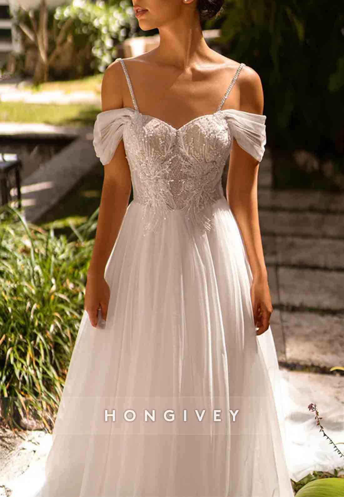 A-Line Pleated Spaghetti Straps Beading Sweep Train Empire Wedding Dresses