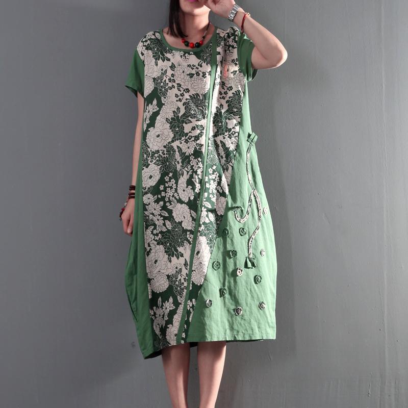 Short Sleeve Round Neck Panel Applique Loose Kaftan Midi Dress