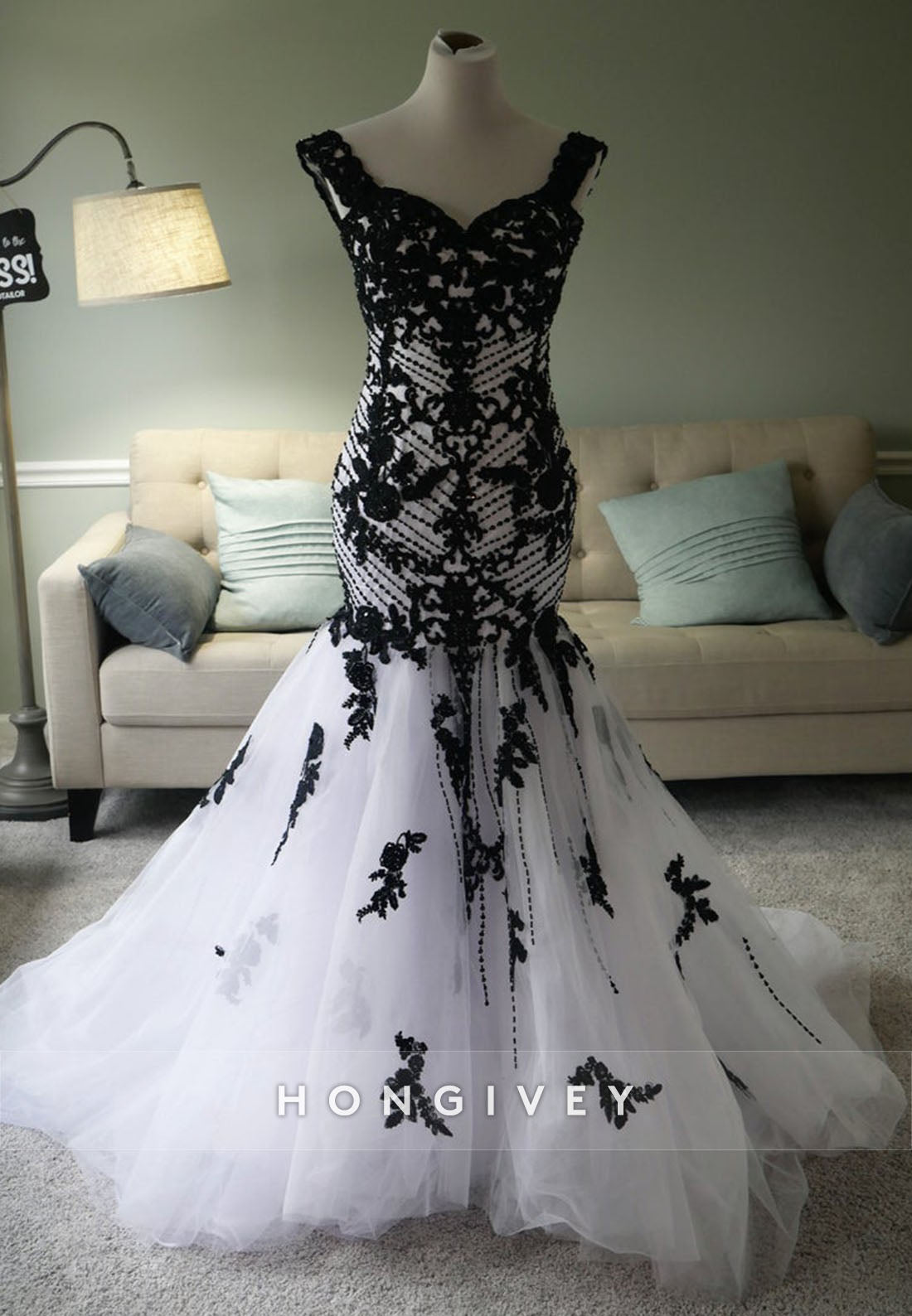 Black And White Off the Shoulder Tulle Trumpet Wedding Dress with Appliques